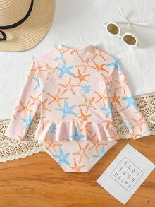 Baby Girls' Pink Bow Print Long Sleeve Ruffled Hem One-Piece Swimsuit - Pink - View 2
