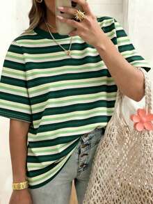 EMERY ROSE 女士条纹短袖T恤，休闲户外服，可爱T恤，家居服 - 彩色 - 查看 3