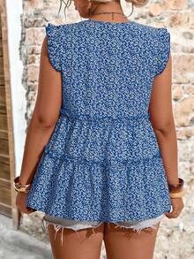 EMERY ROSE Blusa elegante de talla grande con tejido floral, cuello en V, mangas volantes y ribete de volantes, adecuada para vacaciones, exteriores, uso diario, primavera/verano - Azul - Ver 2