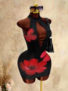 Mistrie Vestido mini ajustado con cuello halter y diseño floral calado en rojo, vestido de verano sexy para vacaciones - Negro - Ver 7