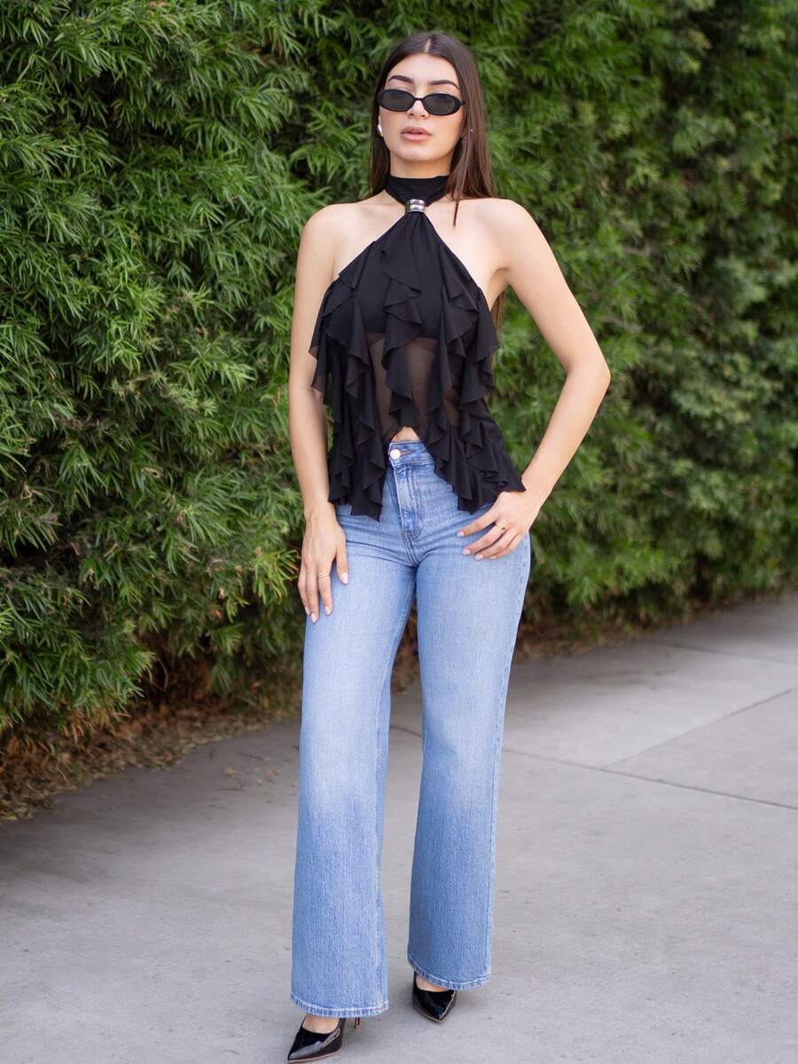 Andrea Bello 女士优雅多层荷叶边立领修身背心 - 黑色 - 查看 1