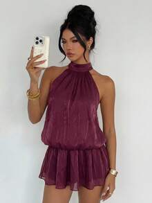 DAZY Women's Solid Color Halter Backless Tie Cinched Waist Flared Hem Elegant Sexy Summer Tank Top - Burgundy - View 1