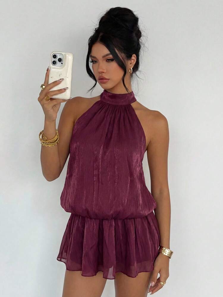 Women's Solid Color Halter Backless Tie Cinched Waist Flared Hem Elegant Sexy Summer Tank Top