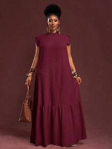 Veslaya Elegant Summer Burgundy Maxi Dress For Plus Size Women, Vacation & Casual Loose Woven Textured Fabric Sleeveless Ruffle Trim Collar Dress - Burgundy - View 4
