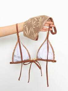 Bonvoyette Bộ bikini mùa hè mới gợi cảm, chất liệu vải jacquard màu nâu, kiểu dáng ngọt ngào, xẻ tà cho vòng một nhỏ, ôm sát và tôn dáng, bikini thời trang với họa tiết ngọc trai bất đối xứng, thích hợp cho bãi biển, tuần trăng mật và kỳ nghỉ. - màu nâu - Xem 12