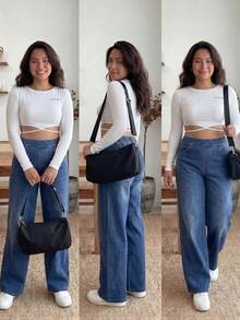 SHEIN Unity Plus Size Casual Washed High Waist Loose Fit Jeans, For Apple Rounded Body Shape - Medium Wash - View 4