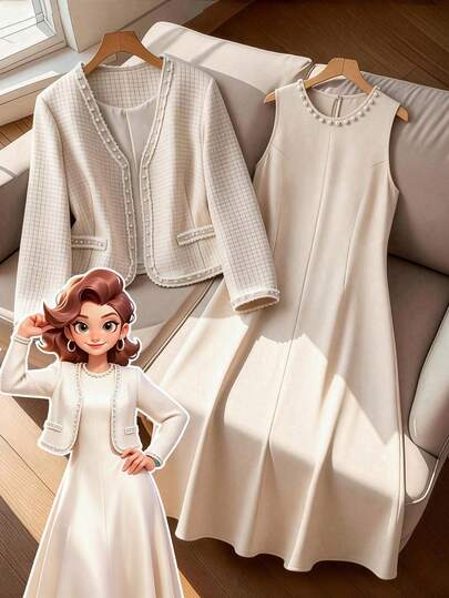 GlowEve CURVE 两件套加大码女装优雅黑色撞色珍珠串珠饰边V领长袖开衫外套和圆领珍珠装饰长裙套装，适合秋冬季休闲、通勤、派对等场合。