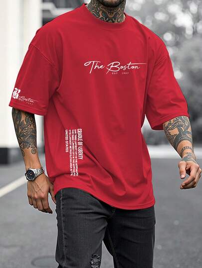 Manfinity LEGND Camiseta casual de manga corta con cuello redondo y estampado de letras para hombres de talla grande