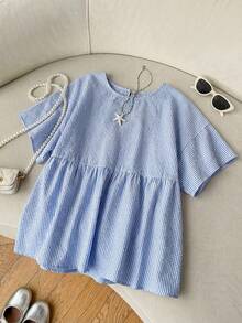 SHEIN EZwear 大码女式条纹宽松圆领短袖衬衫 - 藍白色 - 查看 1