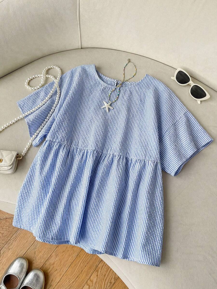SHEIN EZwear 大码女式条纹宽松圆领短袖衬衫 - 藍白色 - 查看 1