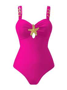 Swim Oasis 1 pièce Maillot de bain une pièce décontracté avec décoration d'étoile à cinq branches pour femmes, idéal pour les vacances - Rose vif - Voir 3