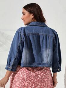 EMERY ROSE Chaqueta vaquera casual de talla grande para mujer, de manga corta y abotonadura sencilla - Azul lavado medio - Ver 2