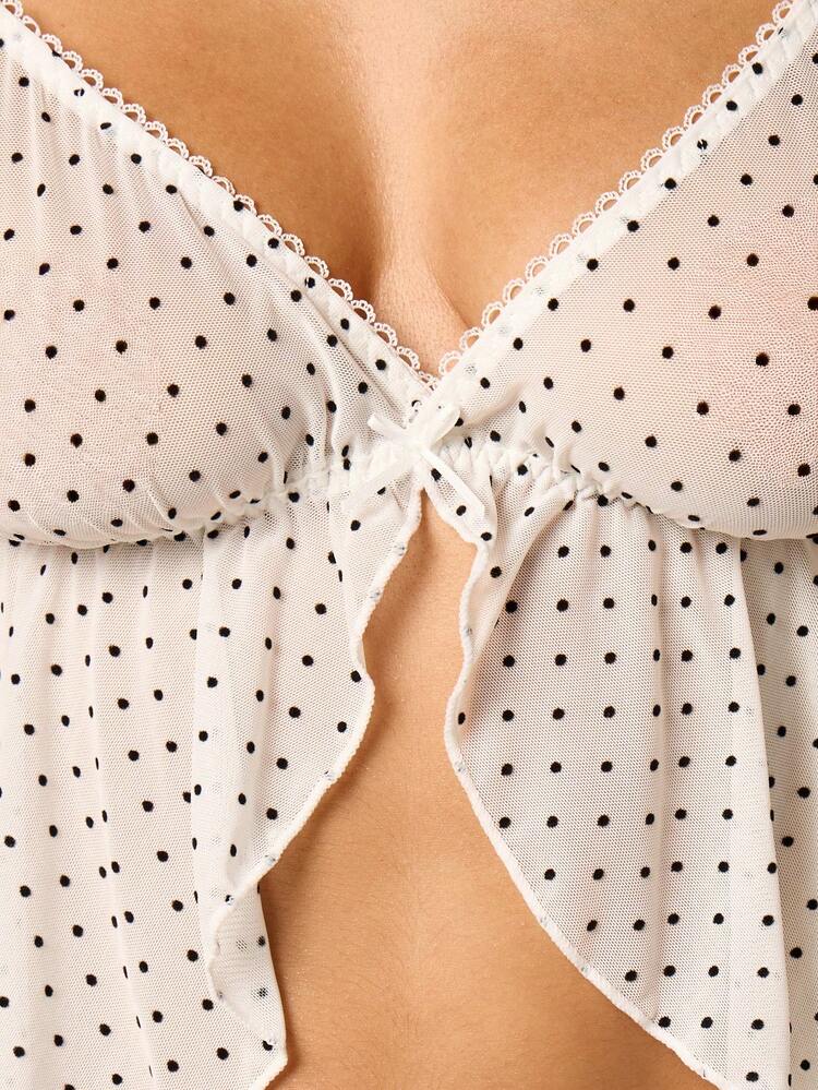 AiiRZ Polka Dot Mesh Babydoll Lingerie Set With Tie Front Camisole And Matching Shorts Intimate Sleepwear