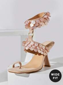 SHUZIA Wide Fit Ladies Minimalist Ankle Strap Stiletto Heel Sandals With Shell Ornaments - Beige - View 5