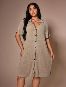 Lazeform Plus Size Women's Khaki V-Neck Open Front Ruffle Trim Knit Dress, Cozy Fleece Fabric Short Sleeve Casual Loungewear/Sleepwear - Khaki - View 2