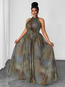 Maweii Plus Size Women Sexy Mesh Digital Print Halter Tie Backless Dress, Suitable For Summer Vacation - Multicolor - View 4
