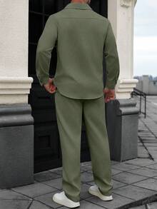 Manfinity Homme Men's Casual Textured Button-Front Long Sleeve Shirt And Pants Set - Army Green - View 2