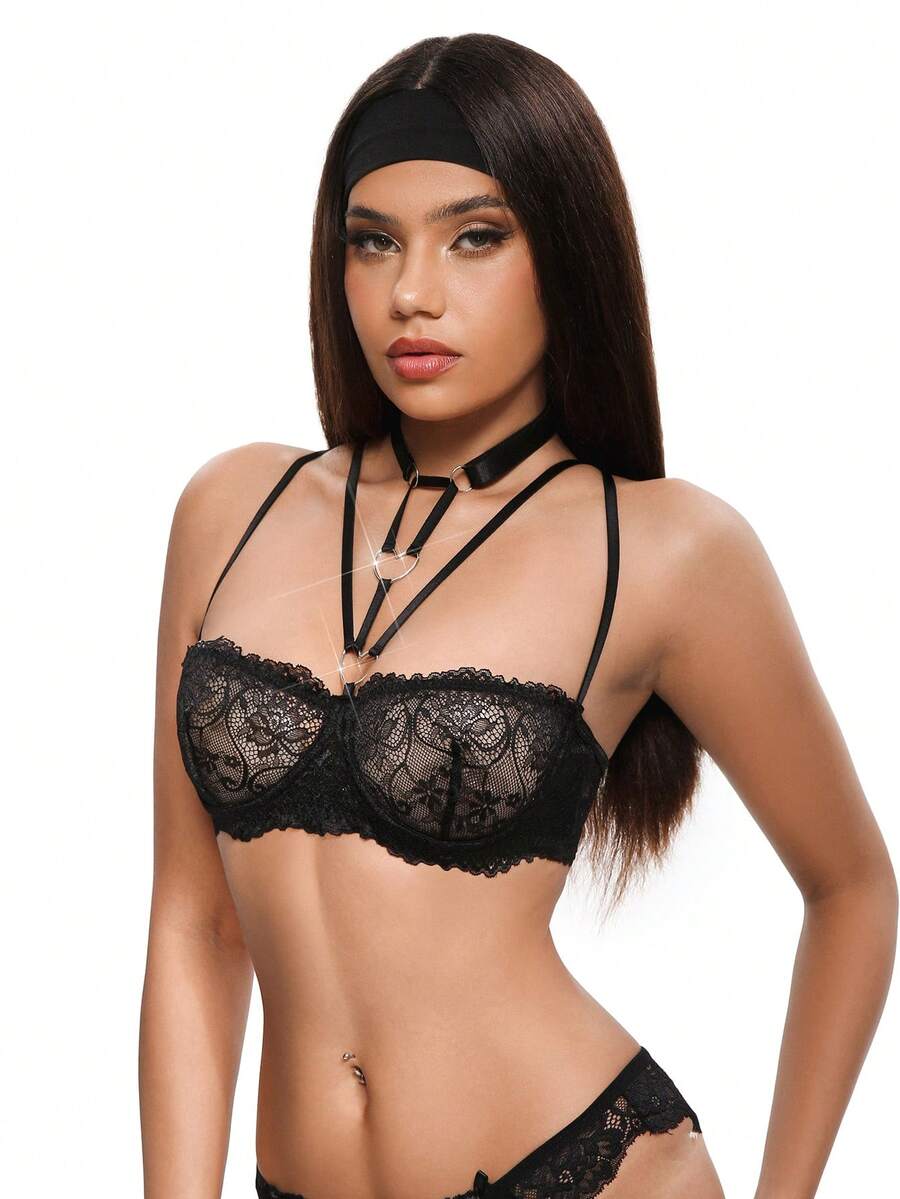 SHEIN 性感蕾丝花卉文胸，优雅迷人的心形设计女士内衣 - 黑色 - 查看 1