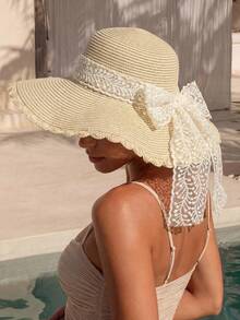 Swim Chiccia 1 pieza Sombrero de paja grande con ola fresca y simple de verano, versión coreana de todo el ocio de protección solar visera playa con perlas de imitación - Beis - Ver 2