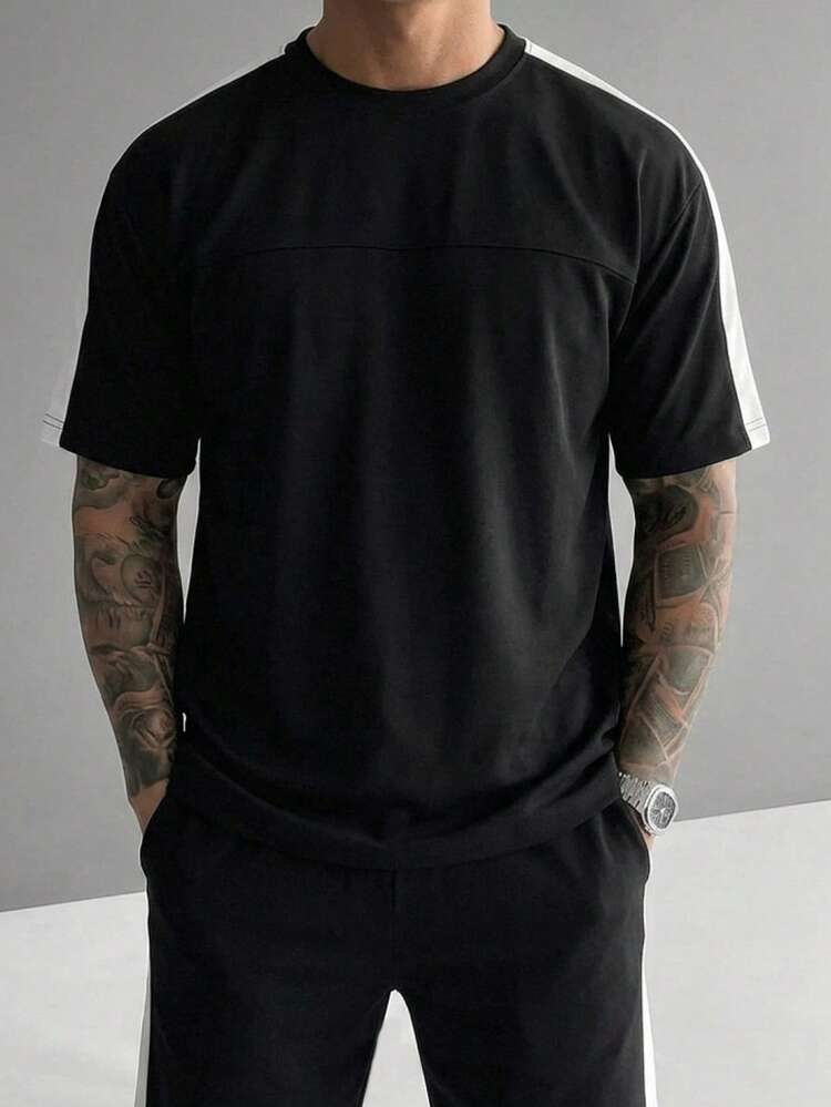 Men's Contrast Color Patchwork Short Sleeve T-Shirt And Shorts Set, Summer