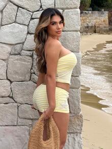 Maria Perezxox 全新夏季奶油黄沙滩度假装 度假针织抹胸短款背心和短裤套装 两件套夏季套装 两件套夏季 夏季两件套 两件套夏季套装 - 黃色 - 查看 5