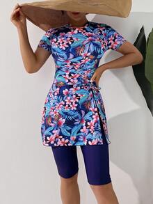 Swim Mulvari Đồ bơi Burkini tay ngắn, xếp ly, họa tiết hoa nhiệt đới ngẫu nhiên, có dây rút, dành cho nữ, thích hợp cho kỳ nghỉ hè ở bãi biển. - Nhiều màu - Xem 3
