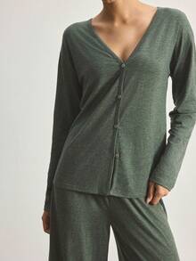 Ocili Minimalist Comfortable Collarless Soft Pajama Set For Women - Dark Green - View 5