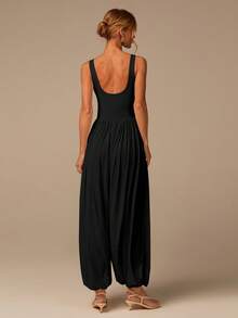 COSMINA Bộ jumpsuit không tay cổ chữ U, jumpsuit thanh lịch, jumpsuit mùa hè dành cho nữ, jumpsuit màu trắng, phù hợp cho mặc hàng ngày, phong cách đường phố, hẹn hò, ngày Valentine, chất liệu vải dệt kim co giãn. - màu đen - Xem 5