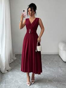 Elenzga Abito elegante e romantico da donna con scollo a V, senza maniche e con pieghe - Bordò - Visualizzare 5