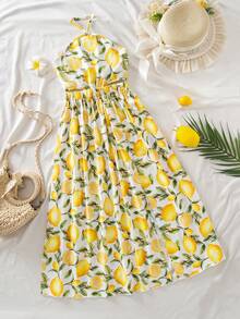 Tween Girl Lemon Print Side Slit Halter Vacation Dress - Yellow - View 3