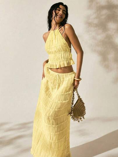 Easelle Vacation Outdoor Romantic Halter Backless Top And Low Waist Skirt Set For Women Yellow Skirt Set Women's 2 Pieces Summer Outfit Vacation Outfits Woman Skirt Set Summer 2 Pieces Sets Woman Butter Yellow Two Pieces Set Vacation Outfits Women Skirt Set Butter Yellow Two Pieces Set Women's 2 Pieces Summer Outfit Summer 2 Pieces Sets Woman