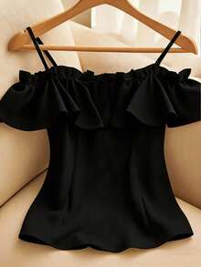 Resyla Camiseta de tirantes elegante de unicolor con volantes en los hombros para tallas grandes, de verano - Negro - Ver 2