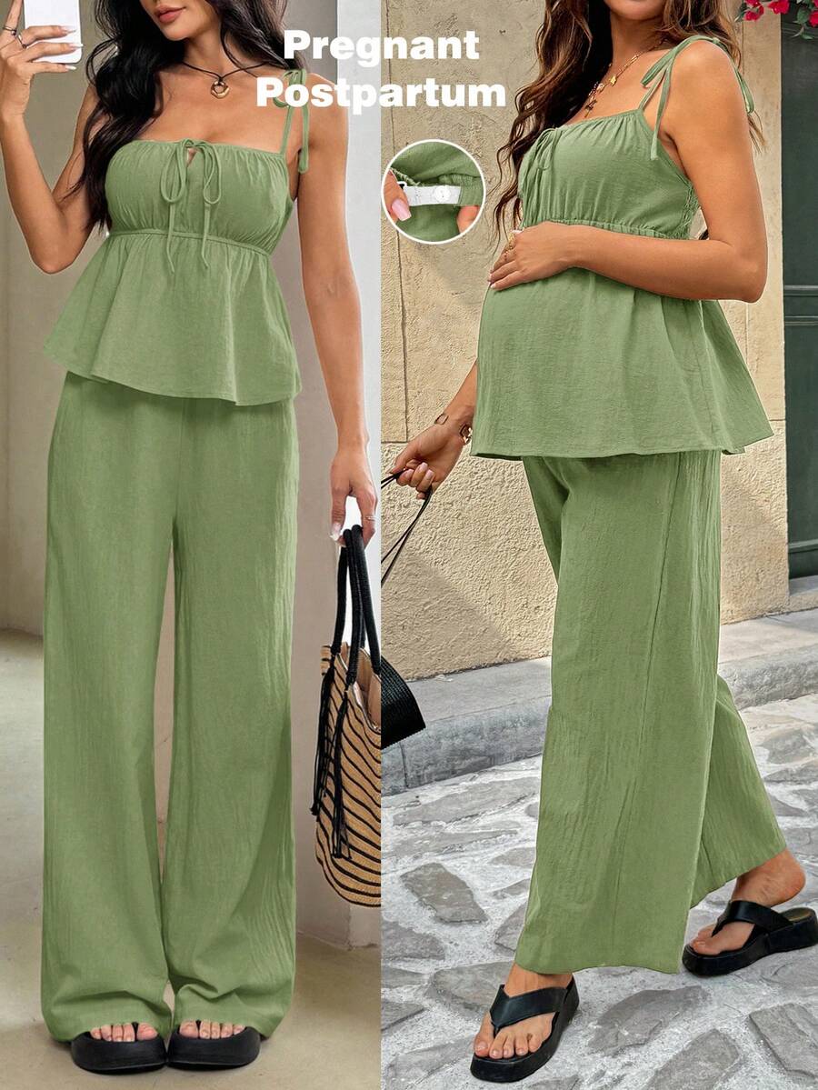 SHEIN Maternity Summer Vacation Solid Color Camisole And Pants 2 Pieces Set - Army Green - View 1