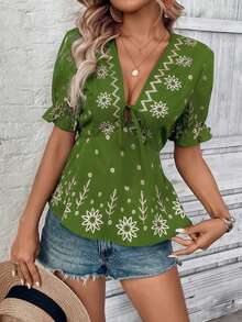 Hotletica Áo kiểu nữ phong cách Bohemian, thêu họa tiết, buộc dây, xếp nếp, thích hợp cho kỳ nghỉ. - xanh quân đội - Xem 4