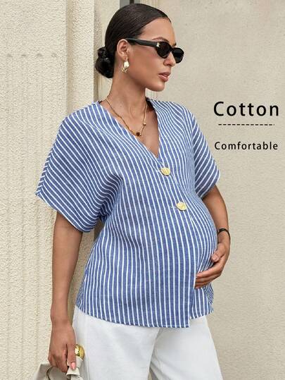 MaterniWear Summer Outfits,Maternity Work Clothes,Maternity Work Outfits,Maternity Work Tops,Business Casual Outfit Women ,Office Wear Women Outfits,A Breathable And Comfortable Blue Striped Cotton Top For Pregnant Women, Featuring Button Details For An Elegant Look Suitable For Commuting Or Going Out.Maternity V-Neck Raglan Sleeve Casual Front Button Striped Loose Blouse For Summer