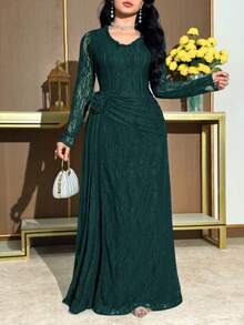 Modelyn Vestido elegante de encaje con volantes y decoración floral para mujer de talla grande - Verde Oscuro - Ver 6