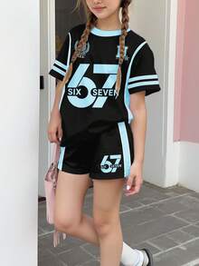 两件套少女休闲简约数字67印花短袖上衣和短裤套装，适合夏季穿着 - 彩色 - 查看 7