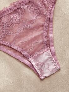 Charlaine 2件套粉色蕾丝拼接薄纱缎面无钢圈三角杯浪漫法式优雅精致女士内衣套装 - 藕粉色 - 查看 4