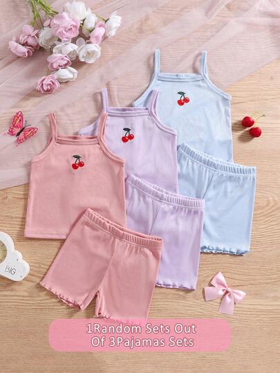 [3-delat set] Underklädesset för vår/sommar för flickor, linne, shorts, linne med broderad rosett och shorts (slumpmässig färg)