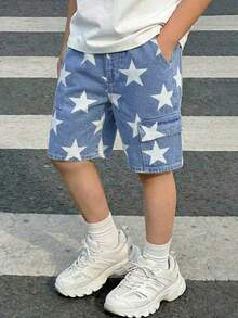 Tween Boys Denim Shorts,Blue And White Striped,Summer,Casual,City Break,Cotton Washed Star Print Multi-Pocket Elastic Waist Wide Leg Cargo Shorts - Blue - View 7