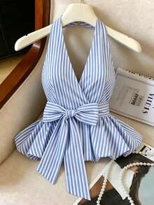 Everyssa Top corto con lazo a rayas, blusa casual de verano, ropa de vacaciones, atuendo de picnic, blusa para brunch, vestido de fiesta, Y2K, bandeau, ropa de club para mujer, hombros descubiertos, atuendo de invitada de boda, top lindo, blusa de hombros descubiertos, chica de vacaciones, chica bohemia, festival de música, carnaval, atuendo de brunch, vacaciones en la playa, verano europeo, adorable top de verano - Azul y blanco - Ver 4