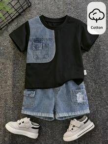 SHEIN 男婴牛仔拼接圆领T恤和牛仔裤两件套，休闲日常穿着 - 黑色 - 查看 10