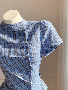 Comfortcana 春夏新款女式格子宽松短袖收腰衬衫，适合音乐节、酷炫、街头、复古、Y2K、休闲和校园风格。 - 藍色 - 查看 7