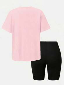 SHEIN ChillGRL 2件套少女时尚街头风印花舒适短袖T恤和紧身印花短裤，适合休闲外出穿着 - 粉色 - 查看 3