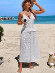 Swim Vcay 春夏沙滩度假罩衫套装，白色网纱提花吊带背心和高腰半身衬裙沙滩装 - 白色 - 查看 4