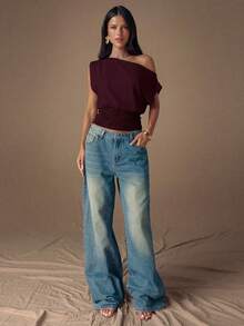 SHEIN BAE 黑色针织蕾丝拼接不对称肩部时尚女式上衣，秋冬款 - 紫紅色 - 查看 3