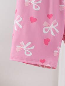 4 Stücke Mädchen Elastisch Gestrickt Kurzarm Shorts Pyjama Set mit Schleife & Herz Dekor, Weich & Bequem, Tolles Geschenk für Teenager Mädchen - Pink - Übersicht 6
