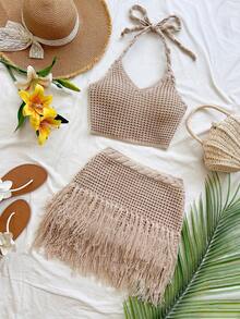 Soleia 女士休闲度假杏色V领钩针蝴蝶结吊带针织背心+流苏修身针织裙两件套，适合海滩、邮轮、城市度假、波西米亚风、夏季 - 杏色 - 查看 6