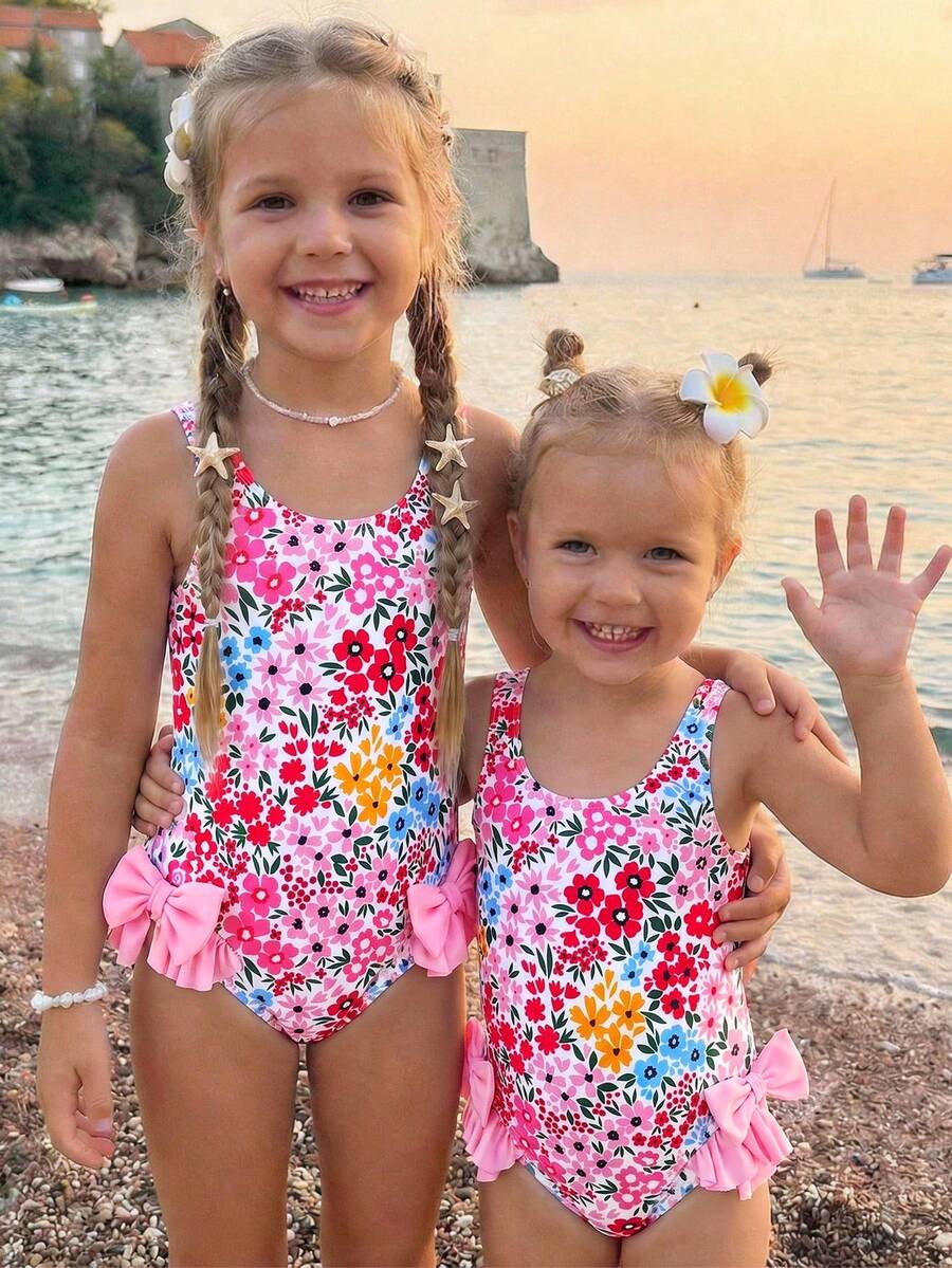 SHEIN Young Girl Knitted Floral Pattern Cute Bow One-Piece Swimsuit - Multicolor - View 1