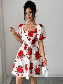 SHEIN Elenzya 女士方领印花褶皱腰身优雅短款派对连衣裙 - 杏色 - 查看 5